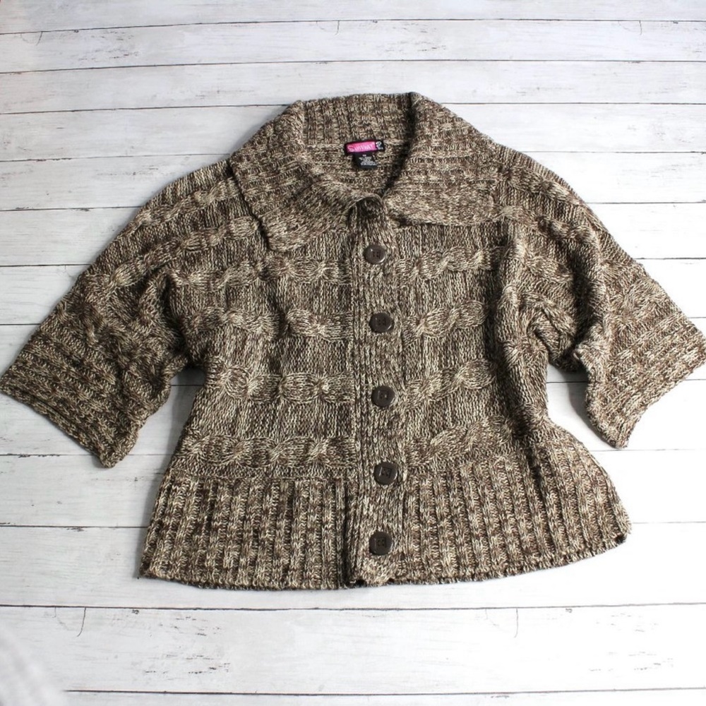 Say What Women's Plus Size 3X Cardigan Sweater Brown Cable Knit